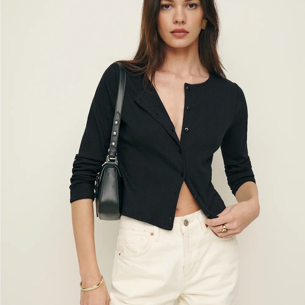 Reformation Ari Pointelle Knit Cardigan Black - Size XS